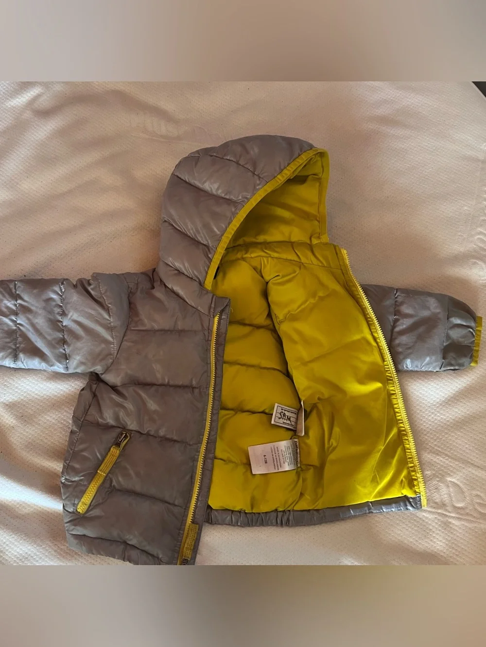 Patagonia Kids Gray Puffer Jacket with Yellow Accents (6-12 mo size)